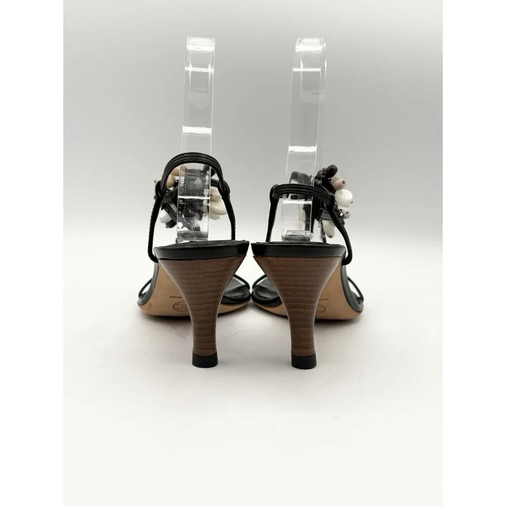 Chanel Black Leather T Strap Sandals Beaded Accent CC Logo Vintage Size EU 36